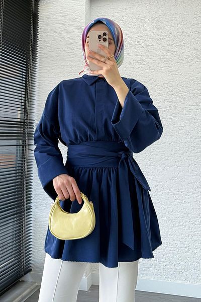 MELEK ARAZ Waist Belted Poplin Tunic-Navy Blue