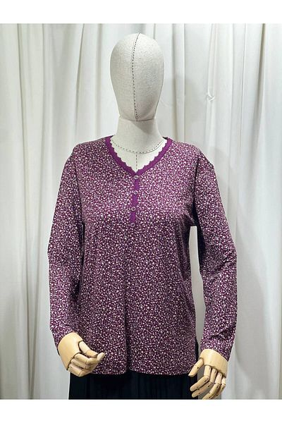 LİFERA Lifera Elegant Floral Patterned Combed Cotton Mother's Blouse, Large Size