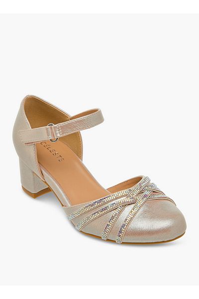 Celeste Girls Embellished Block Heel Shoes with Hook and Loop Closure