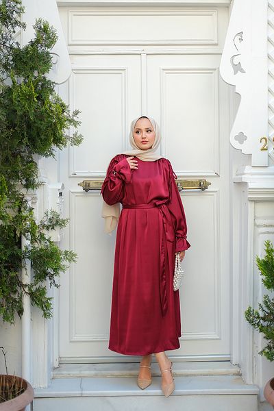 LOCCO Women's Sleeve Rubber Accessory Dress Claret Red
