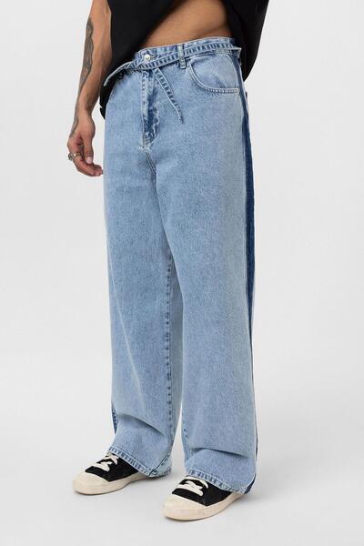 VAMOSCLO Kemer Detaylı Şeritli Baggy Jean Açık Mavi Melanj