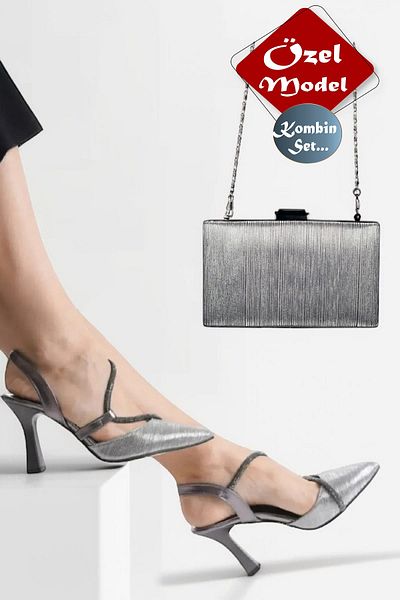 HAVVA SHOES Famels Platinum Stone Heeled Shoes, Evening Dress Plastering Shiny and Combination Bag Set
