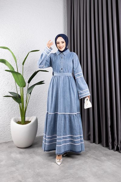 HARMAN BUTİK Women's Belted Strip Detailed Balloon Sleeve Denim Dress