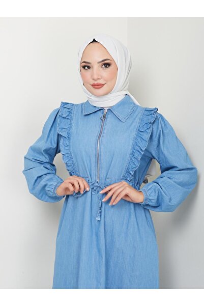 HARMAN BUTİK Women Zipper Detailed Ruffle Jeans Dress