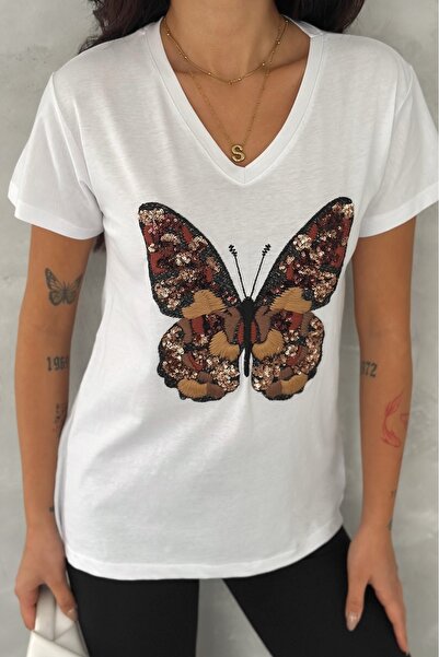 FEMELLE Tricou alb pentru femei, cu decolteu în V, cu paiete, paiete și broderie, brodat, 100% bumbac