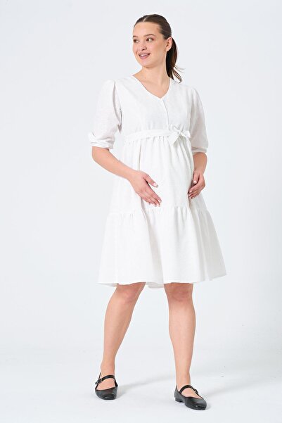 BUSA Hamile Yarım Kol Midi Boy Brode Elbise BEYAZ