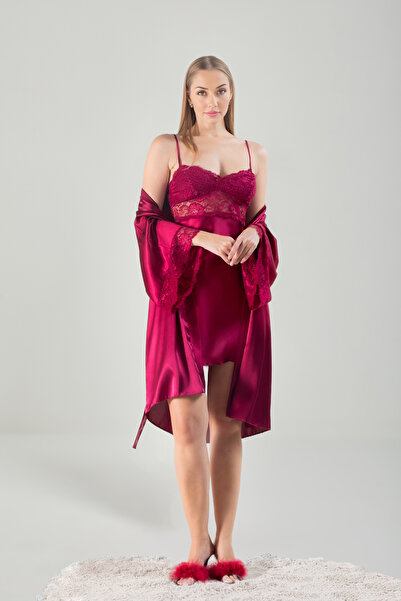 Lunoche Nightwear Bordo Kadın Lüks Saten Güpür Dantel Detaylı Çeyizlik Gecelik Sabahlık Takımı