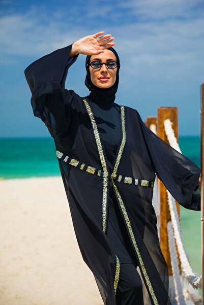 Marina Payetli Siyah Kimono Kaftan P2346