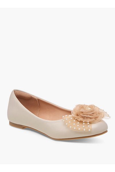 Little Missy Pearl Embellished Ballerina Shoes with Flower Applique