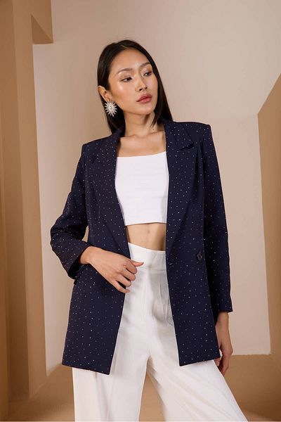Bolivente Jachetă blazer cu căptușeală țesută obișnuită albastru bleumarin cu detaliu de piatră