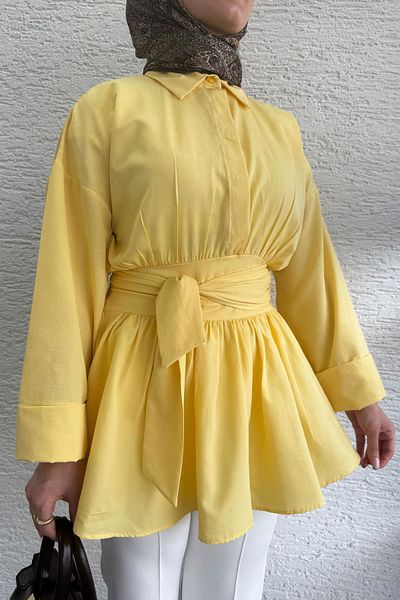 MELEK ARAZ Waist Belted Poplin Tunic-Yellow