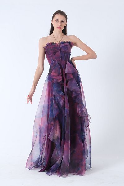 Feminist Strapless Collar Slit Skirt Frilly Evening Dress Purple9705163