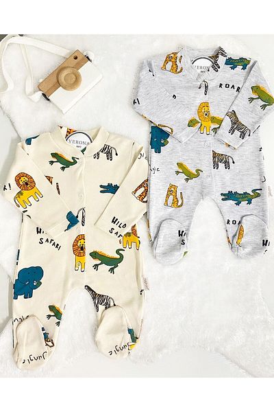 VERONA TARZ Baby Boy Teddy Bear Patterned 2-Piece Jumpsuit Set Newborn Outfit
