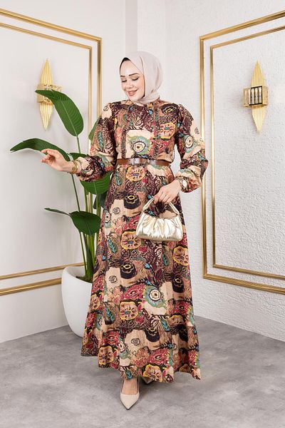 HARMAN BUTİK Women's Belted Ethnic Pattern Dress