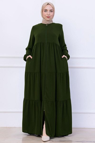 hafsamina Layered Gathered Ferace Khaki Hm2735