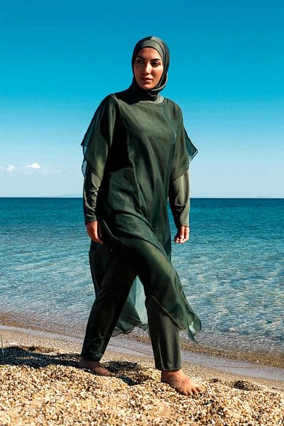 Marina Kaftan Kimono Pareo on Khaki Hijab Swimsuit P2202