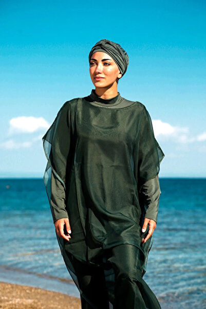 Marina Kaftan Kimono Pareo on Khaki Hijab Swimsuit P2202