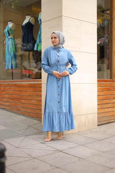 HARMAN BUTİK Women's Buttoned Waist Strapped Jeans Dress