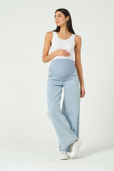 BUSA Maternity Stretchy Tummy Band Waist Adjustable Wide Leg Jeans Pants Light Blue