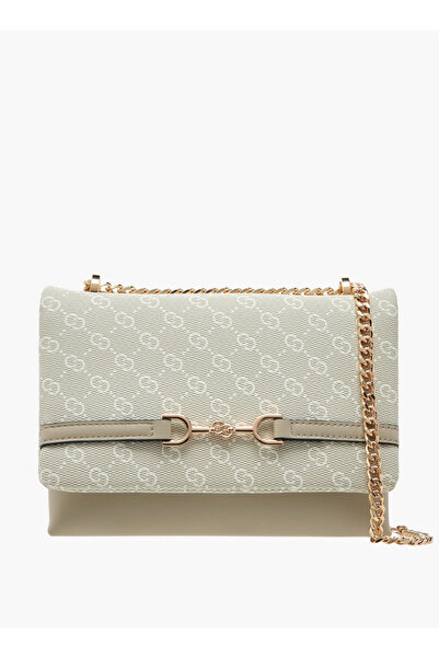 Celeste Monogram Print Cross Body Bag with Flap Closure and Chain Strap - W 6 x H 15 x D 21 cm