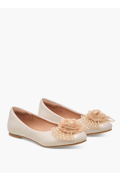 Little Missy Pearl Embellished Ballerina Shoes with Flower Applique
