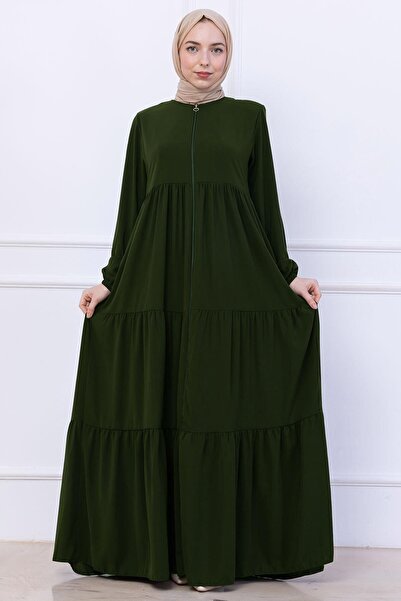 hafsamina Layered Gathered Ferace Khaki Hm2735