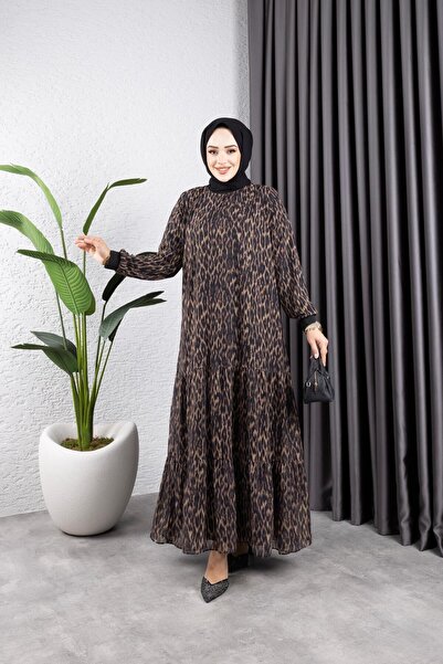 HARMAN BUTİK Women's Lined Zebra Patterned Chiffon Dress