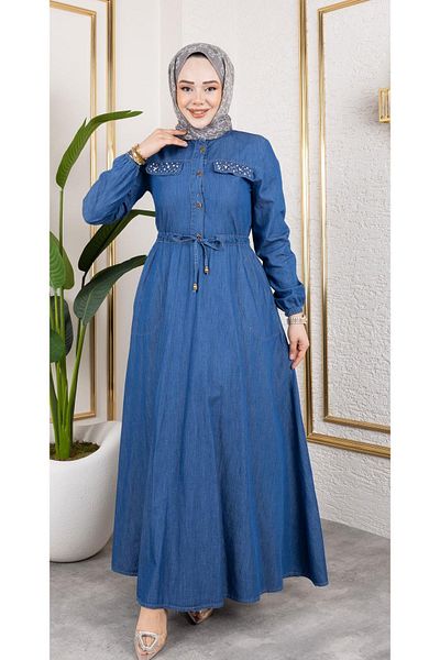 HARMAN BUTİK Women's Pearl Stone Detailed Waist Strapped Jeans Dress