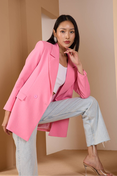 Bolivente Pink Regular Woven Lined Stone Detailed Blazer Jacket