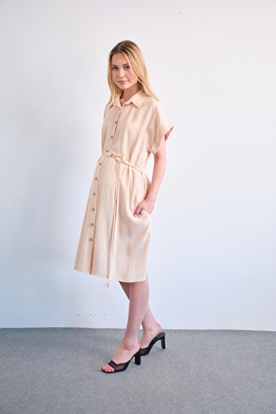 BUSA Κοντομάνικο Midi φόρεμα εγκυμοσύνης με κουμπιά ΚΡΕΜΑ