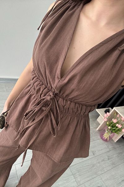 My Blog Brown 100% Cotton Shoulder Waist Shirred Blouse Trousers Set - 8612