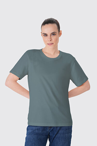 UNIQVIBE Basic %100 Organik Pamuk Kadın Logolu Yeşil Tişört