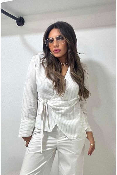 EGZOTİK ASORTİK Striped Double Breasted Blouse with Binding Detail
