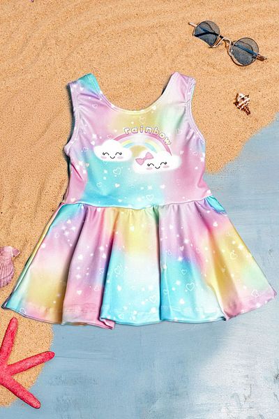 Beniizle Costum de baie pentru fete - cu fusta cu imprimeu curcubeu