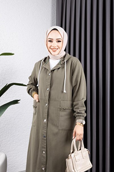 HARMAN BUTİK KADIN DÜĞMELİ KAPÜŞONLU CEP PÜSKÜLLÜ KOT KAP