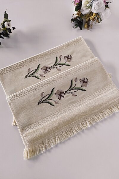 Sevim Cross-Stitch Embroidered Jacquard Velvet Set of 2 Hand Face Towels - 50X90 cm - Cappuccino