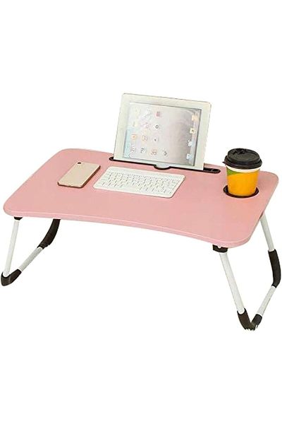 BUNCA Portable Foldable Bed Table Pink with iPad Holder and Cups with Non-Slip Legs for Reading and Working 60 x 40 cm