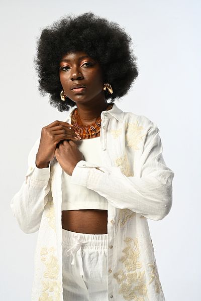 Orfeo Negro Women's Embroidered White 100% Linen Oversized Cut Shirt