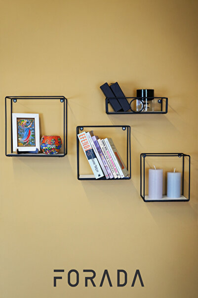 Forada Home & Style Dekoratif Kompakt Laminant Raflı 4'lü Metal Duvar Rafı Seti