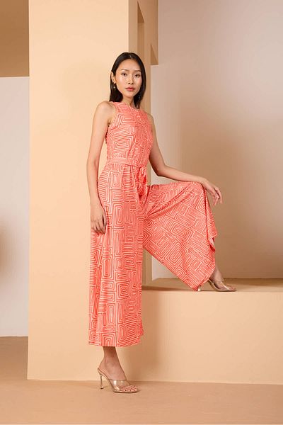 ESPOİRPLUS Orange Pattern Spanish Belted Wide Leg Jumpsuit with Pockets