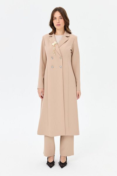 Esswaap Double Breasted Long Jacket Suit Mink with Brooch