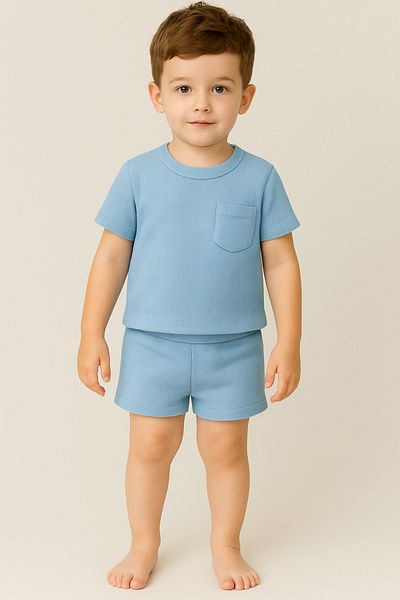 Bubito Waffle Visual Pocket Detailed Cotton Summer Baby Kids Shorts Set-Light Blue
