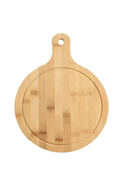 PUFO Tocător rotund din bambus cu mâner pentru servirea mâncării, aperitivelor, pizzei, 33 cm, maro