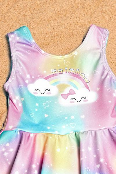 Beniizle Costum de baie pentru fete - cu fusta cu imprimeu curcubeu