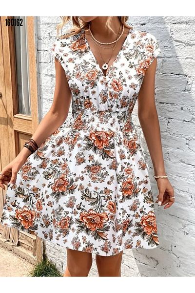 Modayakamoz Rochie de damă cu mâneci scurte, cu guler dublu, cu imprimeu floral