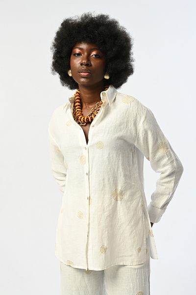 Orfeo Negro Women's Patterned Ecru Color 100% Linen Shirt