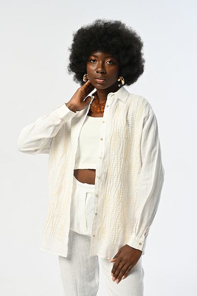 Orfeo Negro Women's Embroidered and Sequin Sequin Embroidered White 100% Linen Oversize Shirt
