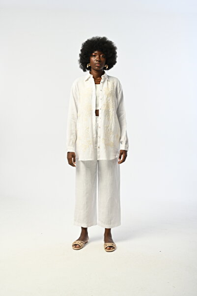 Orfeo Negro ΓΥΝΑΙΚΕΙΟ ΠΟΥΚΑΜΙΣΟ ΜΕ ΚΕΝΤΗΜΑ ΜΠΡΟΣΤΑ ΚΑΙ ΠΑΙΛΕΤΕ ΚΕΝΤΗΜΕΝΟ ΛΕΥΚΟ 100% ΛΙΝΟ ΠΟΥΚΑΜΙΣΟ OVERSIZE