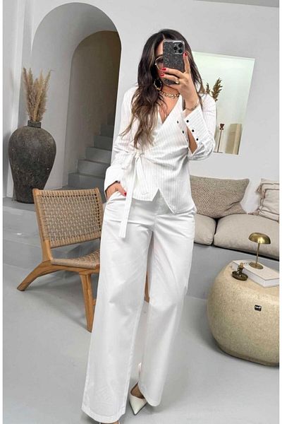 EGZOTİK ASORTİK Striped Double Breasted Blouse with Binding Detail