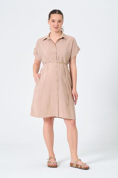 BUSA Hamile Düğmeli Kısa Kollu Midi Boy Elbise VİZON